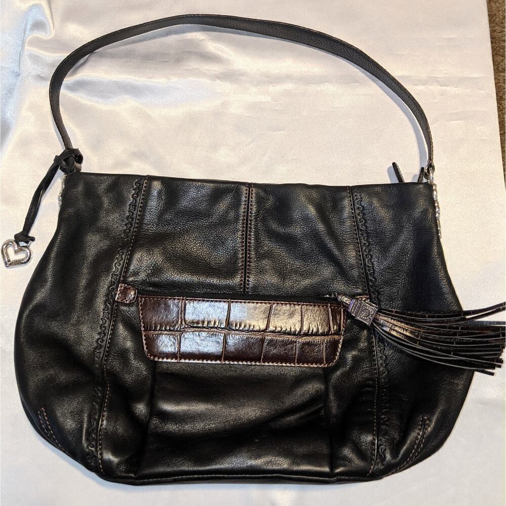 Vintage BRIGHTON Black & Brown Leather Shoulder Bag Handbag + Tassel & Bag Charm
